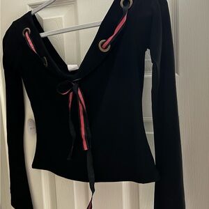 NWT Black slit Sleeve off shoulder top with ribbon and metal grommet trim, L